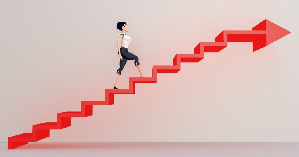 引き寄せの法則の前兆を加速させる方法を示すイメージ図。階段を上がる女性と上向きの矢印。