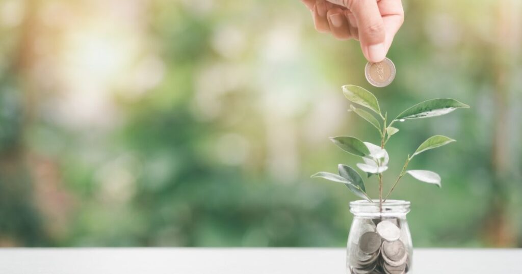 手から硬貨が植木に投じられ、コインが芽吹く植物を育てるイメージ