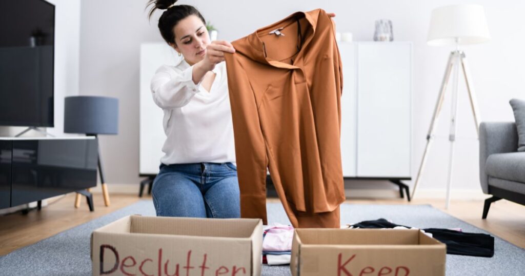 断捨離で衣類を整理しながら引き寄せを実践する女性